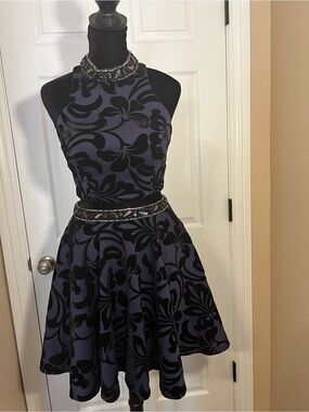 Black & Navy Floral Fit-and-Flare Halter Dress